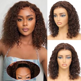 Fronbanis #4 Chocolate Brown 5x5 HD Lace Deep Wave Wig Human Hair Curly Closure Wig Deep Wave Wigs for Women Glueless Curly Wigs Pre Plucked Pre Cut Curly Bob Wig Human Hair 180 Density 8 Inch
