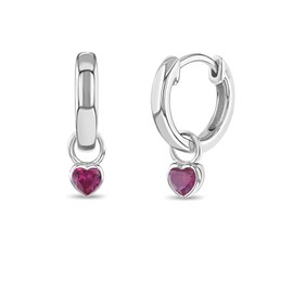 925 Sterling Silver Petite Simulated Ruby Birthstone Heart Charm Hoop Earrings For Young Girls 12mm - Hot Pink Cubic Zirconia Earrings For Girls - Beautiful Jewelry Gift Idea for Girls Born in July