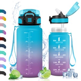 Vikaster School Water Bottle with Straw 0.5 L, Leak-Proof Water Bottle, BPA-Free, Sports Bottle for School, Camping, Yoga, Gym, Outdoors, Blue, Purple, 500 ml