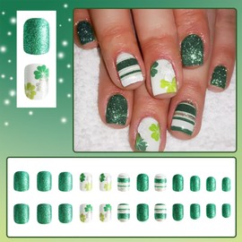 LBPEPAMZ 24Pcs St. Patrick's Day Press on Nails Short Square Fake Nails with White Glitter Shamrock Design Green Silver Bling Line False Nails Full Cover Glossy Stick on Nails for Women Manicure Decor