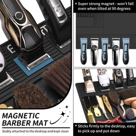 Magnetic Barber Mats for Clippers, with 6 Magnets & Dedicated Slots - 19.29"x12.6" Anti-Slip Heat Resistant Barber Station Organizer Mat, Scissors, Combs & Salon Tools Pad for Grooming Table Tray