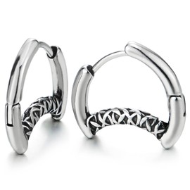 Etched Tribal Design Hoop Earrings, Huggie Earrings Hinged, Stainless Steel, for Men Women, Metal, No Gemstone