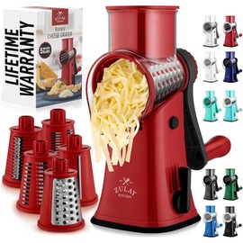 Zulay Rotary Cheese Grater 5 Blade Cheese Shredder - Manual Hand Crank Cheese Grater With Reinforced Suction & 5 Interchangeable Drums - Easy to Use Vegetable Chopper - Deep Maroon