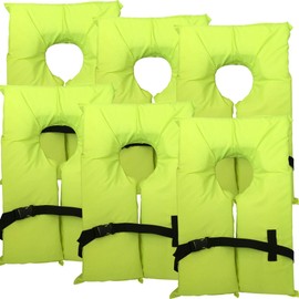 6 Pack Coast Guard Approved Life Jackets. High Visibility Color Type II Keyhole Life Vest in Classic May West Style. Compliance Flotation Device Adult Neon Yellow