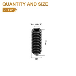 sourcing map 20Pcs Set Screws M8x20mm Carbon Steel Cone Point Hex Socket Grub Screws for Machinery, Home Repairs, and Fixtures Black