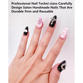 CAMILCY Press on Nails Handmade Nails Luxury Reusable Fake Nails For Girls Short Almond Armor Black Pink Diamonds HandPainted Salon Loveful Design Acrylic Gel UV Finished For Women 3D Nails 10PCS S