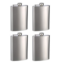 Hip Flask Holding 8 oz - Pocket Size, Stainless Steel, Rustproof, Screw-On Cap - Metallic Grey Finish Perfect for Engraving - Set of 4
