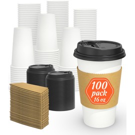 Dealusy 100 Pack 16 oz Disposable Coffee Cups with Lids and Sleeves, Sturdy Thick Paper & Leak-free Insulated to Go Coffee Cups with Lids, Paper Hot Coffee Cups for Hot & Cold Beverage
