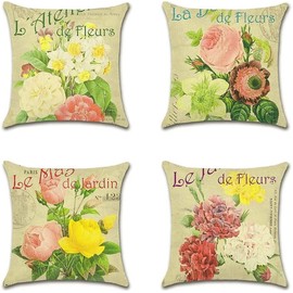 Vintage Yellow red pink multicolored Floral Pattern Cushion Covers 45 x 45 cm Summer Watercolor Modern Decorative Throw Pillow Covers Soft Pillowcases for Sofa Bed Home Garden Patio Decor Set of 4