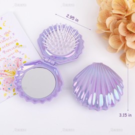 AUEAR, 4 Pack Shell Shape Hair Brushes With Mirror Foldable Portable Pocket Comb Massage Women Purple