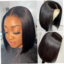 Women's Wigs, 10inch Short Straight Bob Wig Without Bangs, Natural Looking Synthetic Glueless Lace Front Hair Wigs, Heat Resistant Faux Hair for Women Girls Pre Plucked 180% Density (Brown)