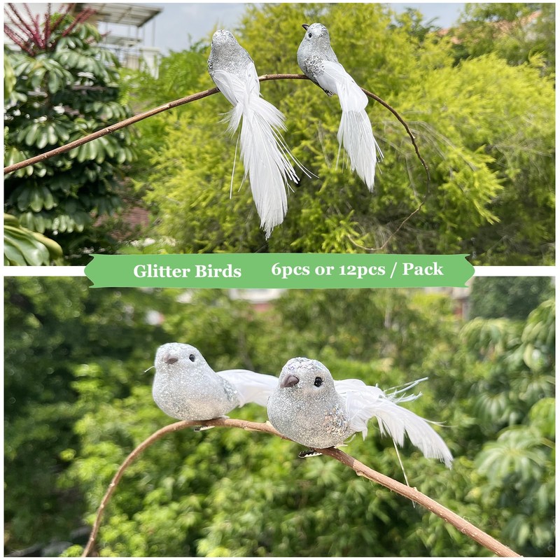 6pcs Silver Glitter Birds Decorations Christmas Tree Clip on Bird