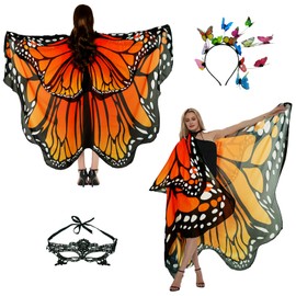 Butterfly Costume Women's Butterfly Wings Adult Two-Tier Carnival Costume Women's Butterfly Cape Fancy Dress Butterfly Costume Accessories Set of 3 Butterfly Headband Face Mask