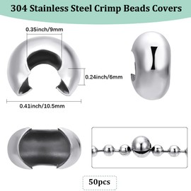 Beebeecraft 1 Box of 50 Pieces 304 Crimp Beads Covers Made of Stainless Steel 9 mm Open Semicircular Crimp Beads Knot Cover Small Beads for Jewellery Making