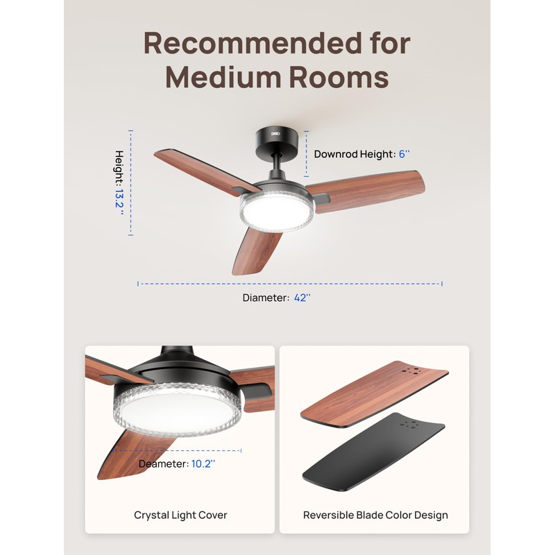Dreo Ceiling Fans with Lights, 42 Inch, 6 Speeds, 6-Level