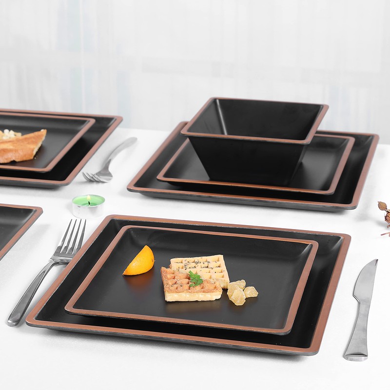 Gofunfun Melamine Dinnerware Sets Service for 4, Square Dinner Plates