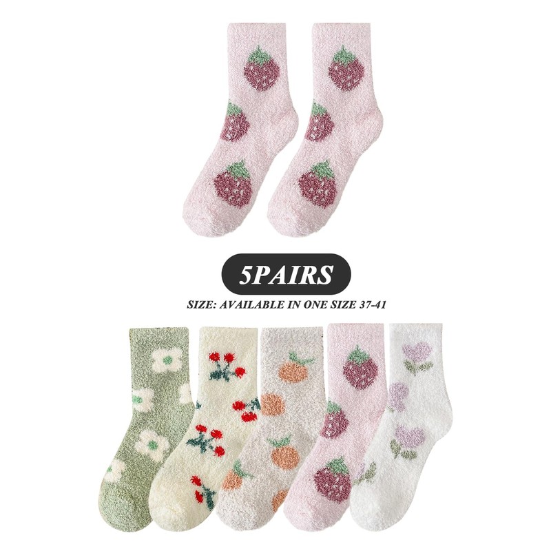 5 Pieces Of Fruit Print Socks, Coral Fleece Socks, Warm