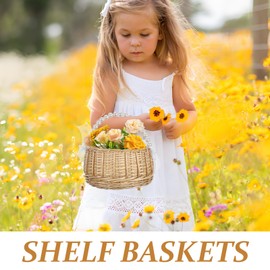 Healifty Wedding Flower Girl Basket Storage Rustic Handwoven Wicker Rattan with Pearl Handle and Ribbon Bow & Plastic Liner for Birthday Party Garden Easter Sweets Home Decor