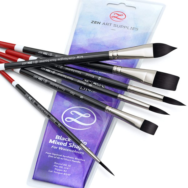Professional Watercolour Brushes Synthetic Set - 6 Faux Squirrel Watercolour Paint Brushes for Gouache, Acrylic, Ink and Wet Media. Beginner-Friendly with Great Flow Control and Snap - by ZenART
