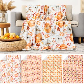 Buryeah 4 Pack Flannel Blankets Pumpkin Fall Leaves Warm Lightweight Soft Cozy Thanksgiving Fall Plush Blanket for Sofa, Bed, Couch, Home Decor(Pumpkin,40 x 52 Inches)