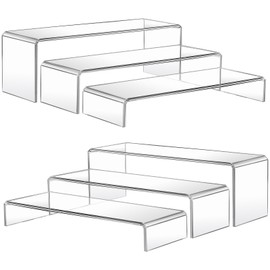 MerryNine Plastic Risers Display Stands, 6 Pcs 2 Set Clear Shelves, Transparent Plastic Display Risers for Retail, Funko Pop, Cupcake, Jewelry, No Assembly, Scratch-Resistant, Rectangle-Medium