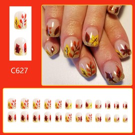 24Pcs Fall Press on Nails Short Square Fake Nails Gold Glitter French Tip False Nails with Designs Acrylic Nails Maple Leaf Autumn Full Cover Stick on Nails for Women Nail Art 24Pcs