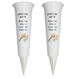 Set of 2 Memorial Grave Flower Pot - 33cm tall Sturdy White Memorial Graveside Flower Vase with Spike and Robin Image (Special Mum)