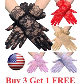 speedway 5 Colors Women Short Lace Floral  Gloves Gothic Bride Wedding Mittens  - Red