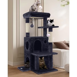 Globlazer Cat Tree Tower for Indoor Cats, 50-inch Adult Cat Tree House for Large Adult Cats with Steps, Scratching Post, 2 Cat Caves, Dangling Toys, FC50, Dark Grey