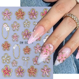 Flower Nail Art Stickers Decals 5D Embossed Flower Nail Decals 2PCS Pink Five-Petaled Gold Flower Circle Spring Summer Nail Art Design Bow Tie Flowers Nail Adhesive Decals for DIY Nail Art Decorations