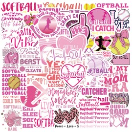 50 PCS Pink Softball Stickers,Softball Accessories for Girls,Sports Aesthetics Stickers for Laptop,Water Bottle,Helmet,Softball Gifts for Girls,Woman,Kids