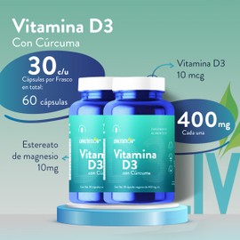 Liv Nutrition | Vitamina D3 Suplemento alimenticio a base de Cúrcuma, Vitamina D3 y Estearato de magnesio con 60 Cápsulas de 400 mg | Pack 2 frascos con 30 capsulas cada uno | 2 meses de rendimiento | 100% Natural, Vegano y Sin gluten | Suplemento Alimen