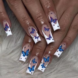 MISUD Press on Nails Long Square Fake Nails Matte Glue on Nails White French Tip Acrylic Nail Supplies Squoval Artificial Nail Art Butterfly Stick on False Nails with Rhinestone Design DIY 24 pcs