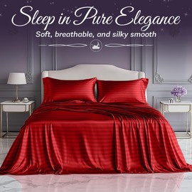 SLEEP SANCTUARY Satin Sheets Full Size – 4 Piece Luxury Silky Bed Set, Softer Than Silk, 15" Deep Pocket, Cooling & Wrinkle-Free, Moisture-Wicking & Breathable for Hair & Skin (Striped Red)