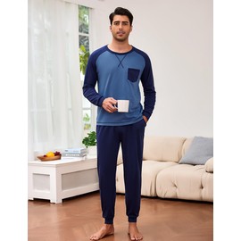 Aseniza Men's Pyjamas Long Set Cotton with Pyjamas Bottoms Winter Two-Piece Sleepwear Long Sleeve for Men Gift, Cobalt Blue/Dark Blue, M
