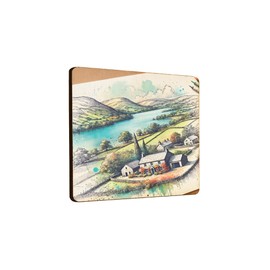 Wooden Fridge Magnet - Scenic Countryside Landscape with River and Cottages, Hand-drawn Artistic Design (mag-kf25-2169)