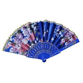 Fat-catz-copy-catz 1x Blue Flowers Fabric & Plastic 23cm Length Wedding Chinese Japanese Geisha Costume Dressing up Ladies Foldable Hand Fan
