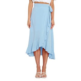 VNDFLAG Falda midi dividida con dobladillo con volantes y cintura alta para mujer, Celeste, L
