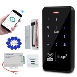 QTTYELOK IP68 Outdoor Access Control System Kit WiFi Tuya RFID Keypad Waterproof 125KHz 13.56MHz + 180KG Electric Magnetic Lock + 10pcs 13.56Mz Keyfobs, Smart APP Remote Control