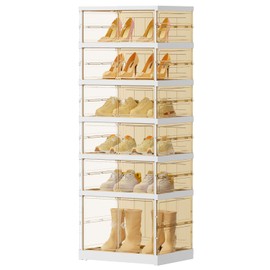 EHAMILY 6 Tiers 6-12 Pairs Foldable Shoe Boxes Large Plastic Shoe Storage Rack Collapsible Shoe Organizer for Closet Tall Shoe Shelf Clear Stackable Shoes Cabinet with Doors Entryway