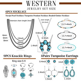Fansilver Western Jewelry for Women Bohemian Turquoise Jewelry Set Navajo Pearl Necklace Beaded Choker Necklace Turquoise Earrings Bracelet Western Knuckle Rings TurquoiseJewelry for Women