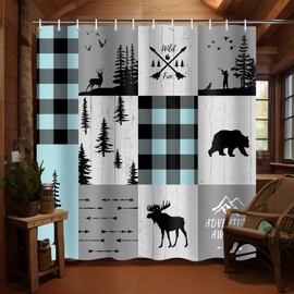 Boziqr Rustic Cabin Lodge Shower Curtain, Bear Moose Deer Trees Decor Bathroom Curtains, Machine Washable Polyester Fabric, 70 x 70 Inches