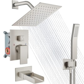 Midanya Rain Shower System Tub Shower Faucet Set Square Rainfall Waterfall Shower Head with Handheld Sprayer Tub Spout Combo Wall Mounted bathtub faucet set Rough-in Valve, 8 Inch Brushed Nickel