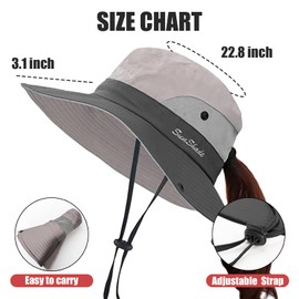 crazy bean Sun Hat Women's Foldable Boonie Hat Mesh Hiking Hat Wide Edge Safari Hat with Ponytail Hole Outdoor Bush Hat for Hiking Fishing Hat, gray, Unit size