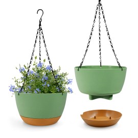 IHONYI Hanging Basket - Pack of 2 Hanging Flower Pot, 21 cm Hanging Basket Hanging Indoor/Auben,Hanging Pot with Chains, Drainage Holes and Removable Saucer, Flower Pots for Garden/Living Room (Green)