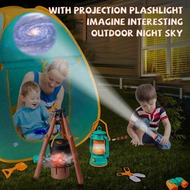 Qtioucp Kids Camping Set 50pcs with Folding Storage Table/Tent & Children’s Projector Flashlight- Outdoor Campfire Toy Set for Toddlers Kids - Pretend Play Camp Gear Tools for Birthday Christmas