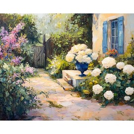 Garden with blooming hydrangeas oil painting 8x10 Print