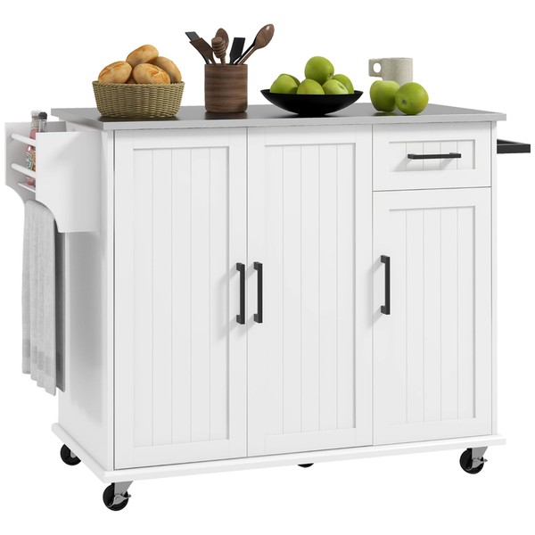HOMCOM Kitchen Island with Storage, Rolling Kitchen Island on Wheels with Drawer, 3 Cabinets, Stainless Steel Countertop, Spice Rack and Towel Rack, White