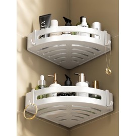 DOIAESKV 2 Pack Corner Shower Caddy with Hooks,No Drilling Aluminium Shower Organizer for Bathroom&Kitchen,Secure with Nail-free Glue,Rustproof Inside Shower Rack Basket,Storage Accessories (White)