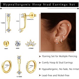 PATISORNA 6 Pairs Silver Stud Hoop Earrings Set for Women 14K Chunky Gold Earrings Stud Hypoallergenic Cartilage Earring Sets for Multiple Piercings